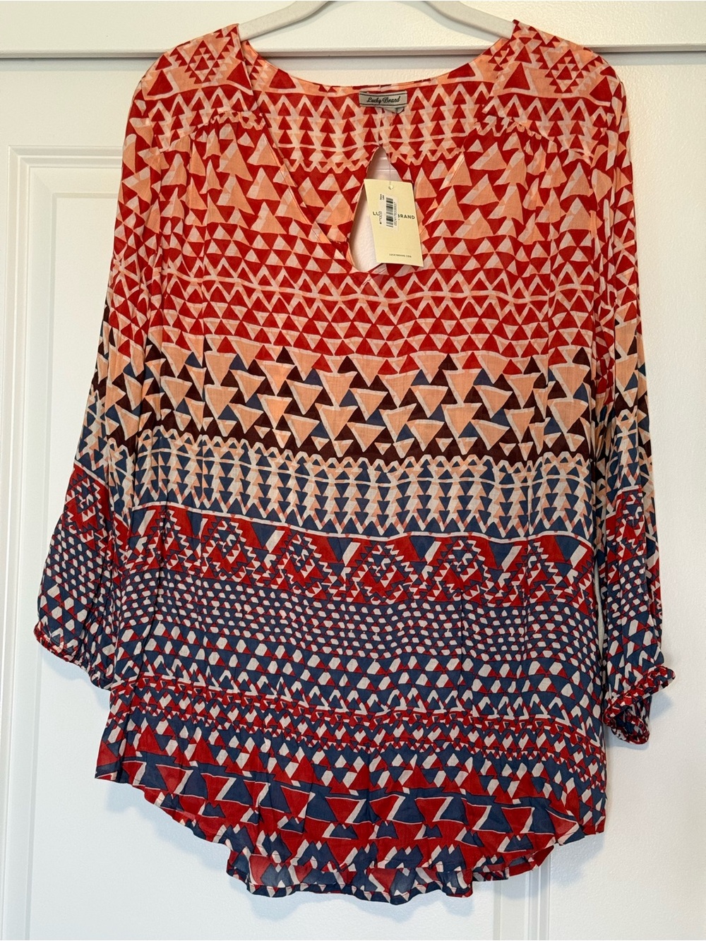 Lucky Brand Red Navy Cream Geometric Print Top